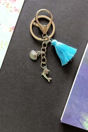 Keychain Bag Charms Blue Tassel Silver Dolphin and Shell Charms