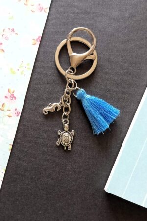 Keychain Bag Charms Ocean Blue Tassel Silver Tortoise and Seahorse Charms