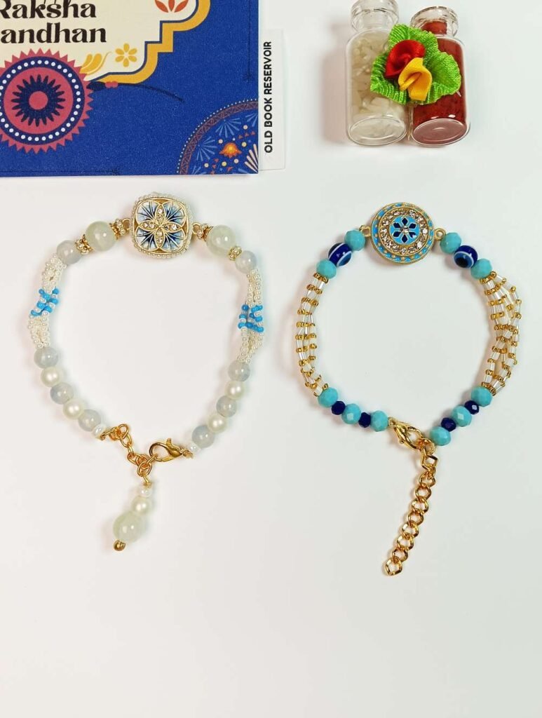Evil Eye Pearls Rakhi Gift Box: Blue Designer Rakhi Set
