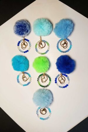 Fur Keychain-Pom Pom Beaded Bag Charms: Blue Family