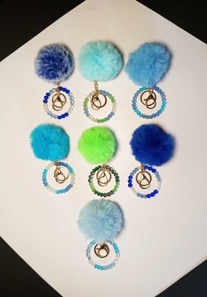 Fur Keychain-Pom Pom Beaded Bag Charms: Blue Family