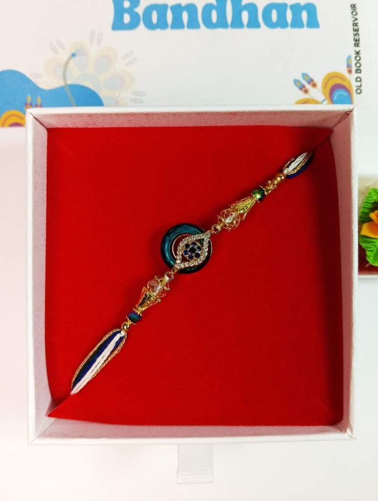 Evil Eye Rakhi Gift Box: Blue Premium Stone Designer Rakhi Set