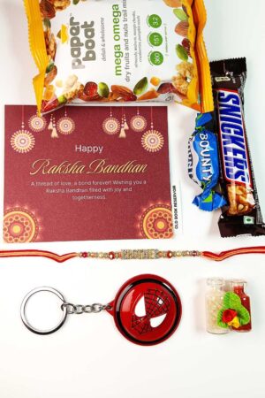 Brother Rakhi Gift Box: Designer Stone Rakhi and Spiderman Keychain Set