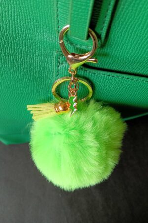 Pompom Keychain Bag Charms Green Faux Fur Ball with Leather Tassel and Lightning Bolt Enamel Charms