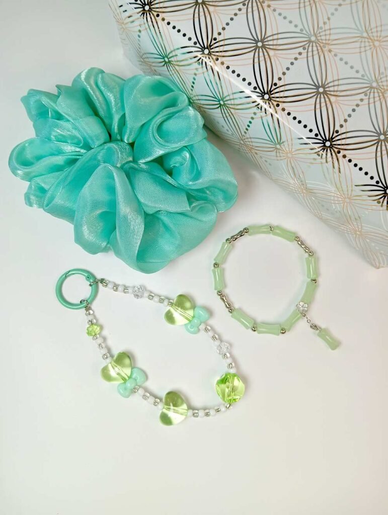 Green Bracelet Jwellery Gift Set with Scrunchie and Phonecharm/Bagcharm