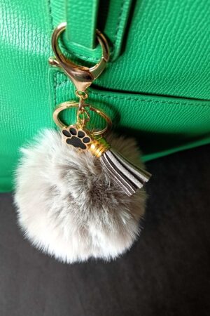 Keychain Bag Charms Grey Faux Fur Ball with Leather Tassel and Paw Enamel Charms