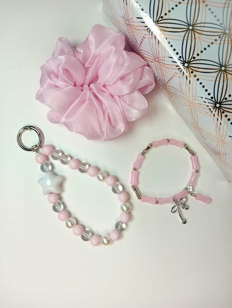 Pink Bracelet Jwellery Gift Set with Scrunchie and Phonecharm/Bagcharm