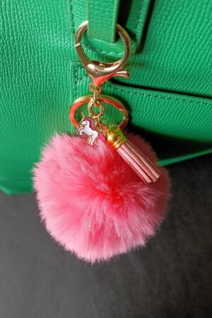 Keychain Bag Charms Pink Faux Fur Ball with Leather Tassel and Unicorn Enamel Charms
