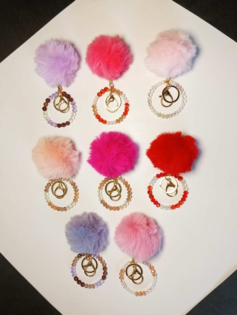 Fur Keychain-Pom Pom Beaded Bag Charms: Pink Family