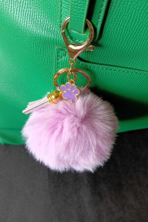 Keychain Bag Charms Lavender Faux Fur Ball with Leather Tassel and Paw Enamel Charms