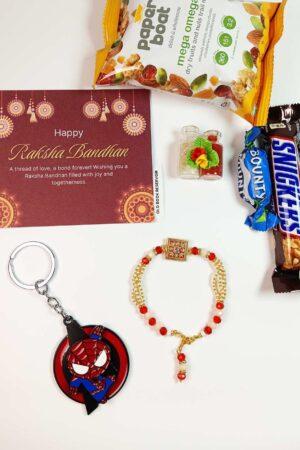 Red Rakhi Gift Box: Designer Rakhi and Spiderman Keychain Set