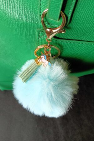 Pompom Keychain Bag Charms Arctic Blue Faux Fur Ball with Leather Tassel and Unicorn Enamel Charms
