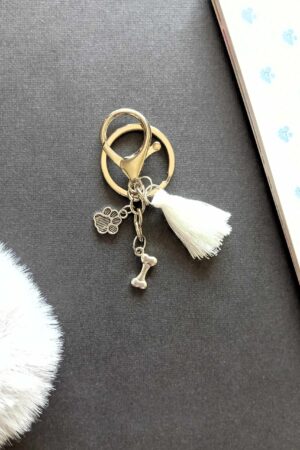 White Tassel Silver Bone and Paw Charms Keychain/Bag Charms
