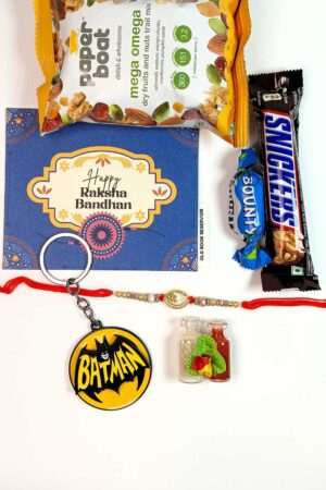 Gold Leaf Rakhi Gift Box: Designer Rakhi and Batman Keychain Set