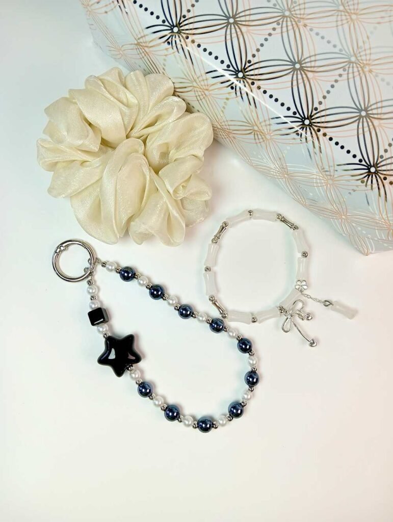 White Bracelet Jwellery Gift Set with Scrunchie and Phonecharm/Bagcharm